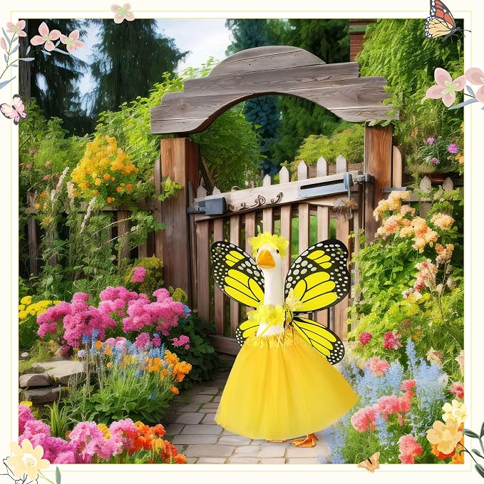 5pcs Butterfly Porch Goose Outfit Costume Tutu Skirt Butterfly Wing Wand Flower Crown for 17‘' 23‘' Cement Goose