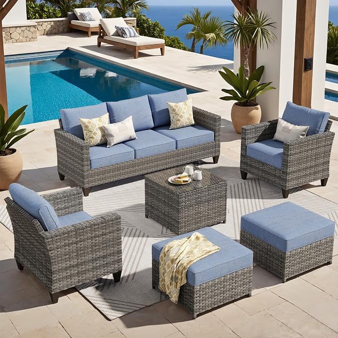 ovios 6 Pieces Patio Furniture Set, Outdoor Wicker Rattan Sofa Couch with Glass Table, Chairs, Comfy Cushions, Conversation Sets for Porch Deck Garden, Denim Blue
