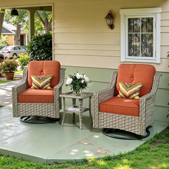 3 Piece Patio Furniture Set, Outdoor High Back Swivel Rocker Chairs Set of 2 with Side Table, All Weather Wicker Glider Chair with Thick Cushions for Backyard Balcony Porch, Orange