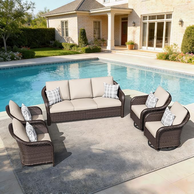 5 PCS Outdoor Conversation Set | 78" Couch, 2 Chairs, 2 Swivel Chairs, Patio Wicker Conversation Furniture with Removable Cushions for Bistro, Deck, Sunroom (Beige)