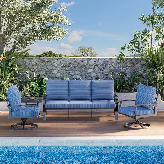 HOMREST Patio Furniture Sets 4 PCS Outdoor Metal Conversation Sets, 360 Degree Swivel Rocking Chairs Patio Conversation Set with Coffee Table and 3-Seat Sofa for Garden, Deck and Poolside