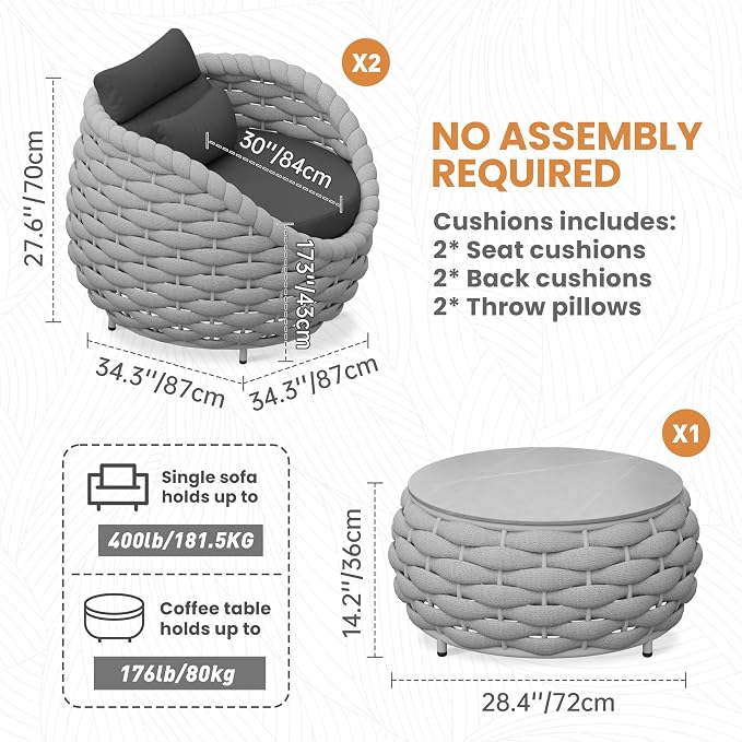 3 Pieces Aluminum Patio Furniture Sofa Sets: Hand Woven Rope Outdoor Conversation Set of 2 - Assembled Modern Cushions Couch Armchair Table Set - All Weather for Indoor Deck Porch Pool Hotel