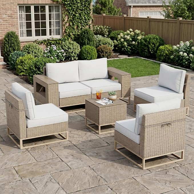 Outdoor Patio Furniture Set 6-Piece PE Rattan Wicker Outdoor Sectional Sofa with Thickened Cushions and Chunky Arms, Modern Modular L-Shaped Conversation Set for Garden, Backyard, White