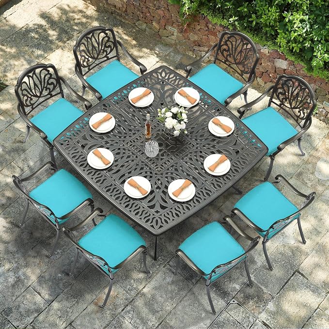 VIVIJASON 9-Piece Outdoor Furniture Dining Set for 8, All-Weather Cast Aluminum Patio Table and Chairs Set with 8 Cushioned Chairs, 64" Large Square Dining Table, 2.2" Umbrella Hole, Ocean Blue
