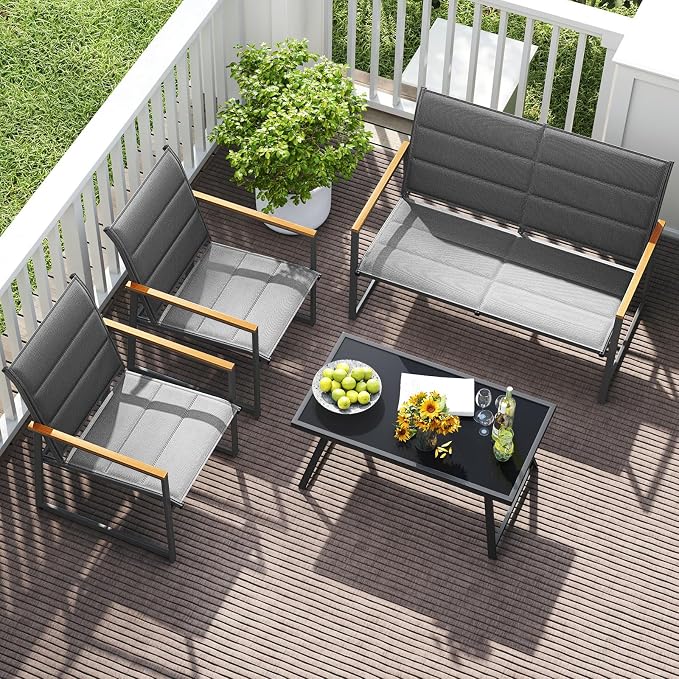 Tangkula 8 Piece Patio Furniture Set, Outdoor Metal Conversation Set with Padded Fabric Seat & Wood-Plastic Armrests, Sectional Sofa Set with Tempered Glass Coffee Table for Backyard, Porch (Gray)
