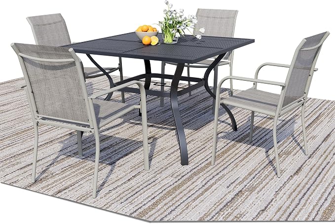 5 Piece Outdoor Dining Set, Patio Table and Chairs Set of 4, 37.5" Black Square Patio Table with 4 Grey Stackable Patio Chairs for Lawn, Garden, Porch