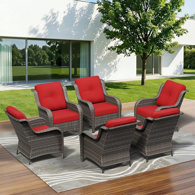 6 Piece Outdoor Wicker Patio Furniture Set, Patio Chairs Set with Thickened Olefin Cushions, High Back and Deep Seating, Hand-Woven PE Rattan for Porch, Deck