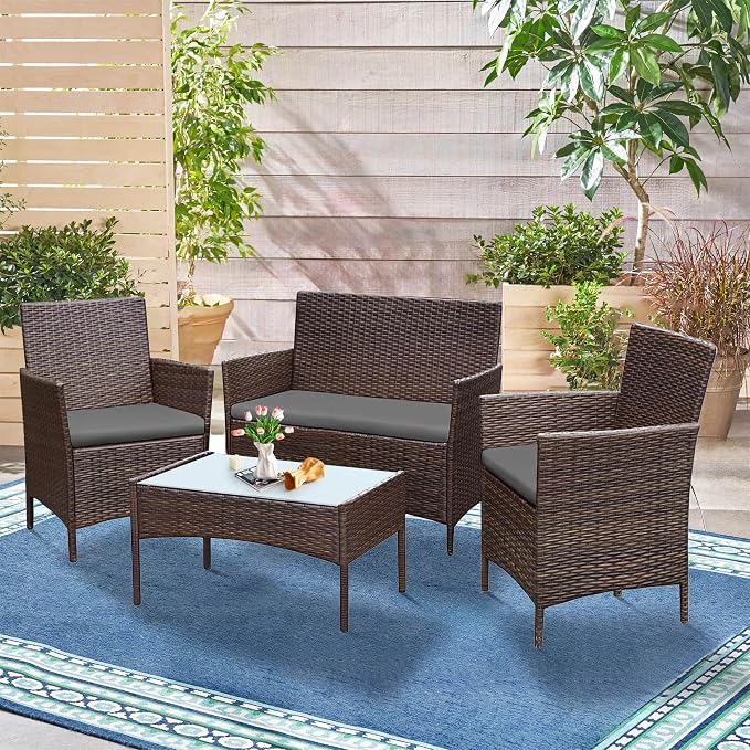 PROHIKER 4 Piece Outdoor Wicker Patio Conversation Furniture Set, Rattan Chair Wicker Sofa Garden Conversation Sets with Cushion and Glass Table for Yard Pool or Backyard, Brown/Dark Gray