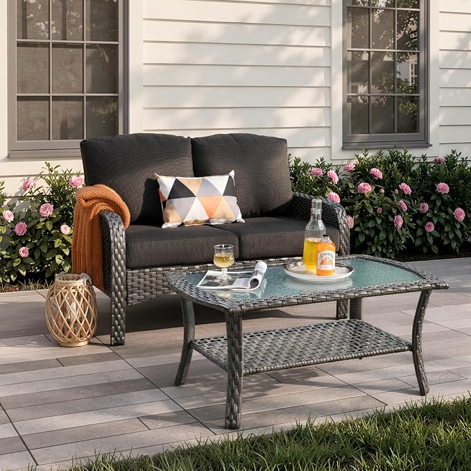 2-Piece Patio Furniture Set, Outdoor Wicker Furniture with Coffee Table, All Weather High Back Loveseat Patio Chairs, Modern Rattan Outdoor Chairs Conversation Set for Porch, Balcony, Garden,Black
