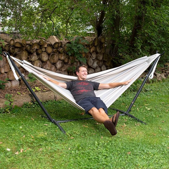 Vivere Double Sunbrella Hammock with Space-Saving Steel Stand, Heavy-Duty Portable Outdoor Hammock Set for Backyard, Patio, or Travel, Dove