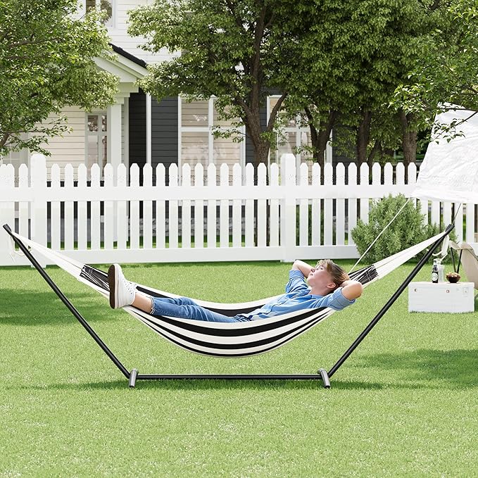 Double Hammock with Foldable Steel Stand and Carry Bag, 450LBS Weight Capacity Indoor Outdoor Standing Hammock, Portable Cotton Hammock for Garden Patio Camping Beach