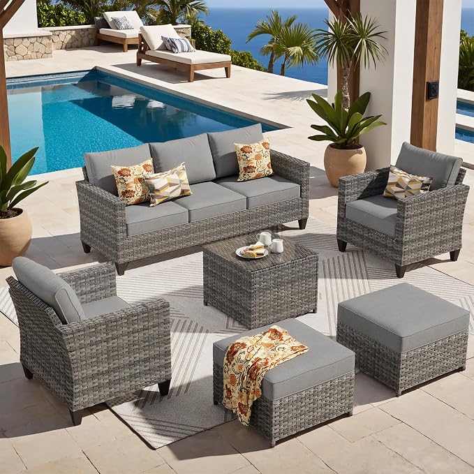 ovios 6 Pieces Patio Furniture Set, Outdoor Wicker Rattan Sofa Couch with Glass Table, Chairs, Comfy Cushions, Conversation Sets for Porch Deck Garden, Dark Grey