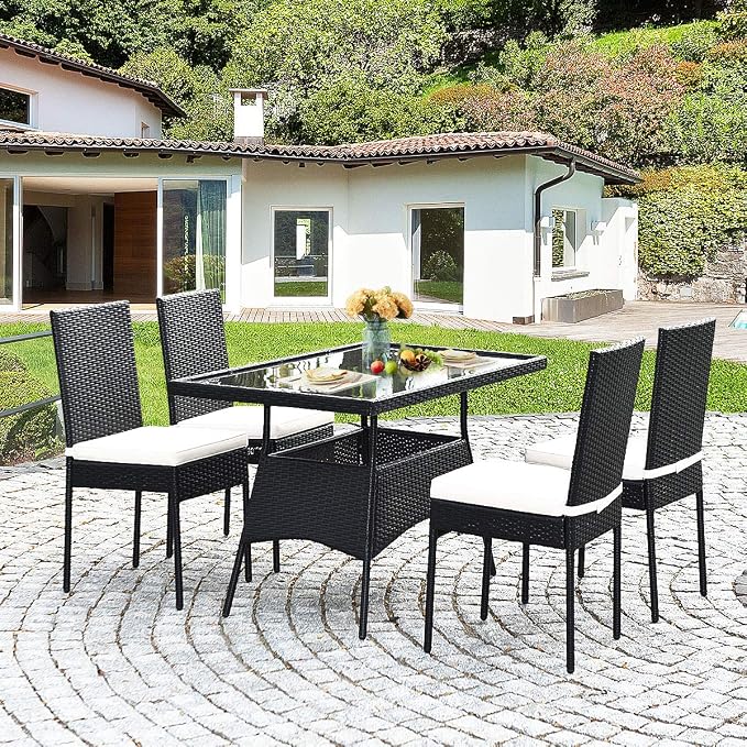 5 Pieces Patio Wicker Dining Set Outdoor Furniture, Outdoor Rattan Table and Chairs with Tempered Glass Table-top & Padded Cushions, Patio Furniture Sets for Backyard, Balcony (Black)