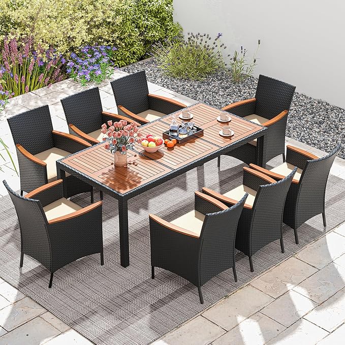 KOTEK 9 Piece Outdoor Dining Set, Rattan Patio Dining Table and Chairs Set for 8 with 1.96'' Umbrella Hole and Seat Cushions, Wicker Patio Dining Set for Deck, Backyard