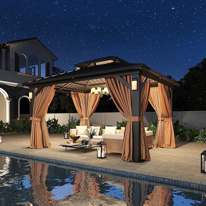 Aoxun 12'x10' Hardtop Gazebo with 4 LED Lights, Outdoor Gazebo with Galvanized Steel Double Roof, Patio Gazebo with Breathable Netting & Privacy Curtain, Decor Hooks for Backyard, Brown
