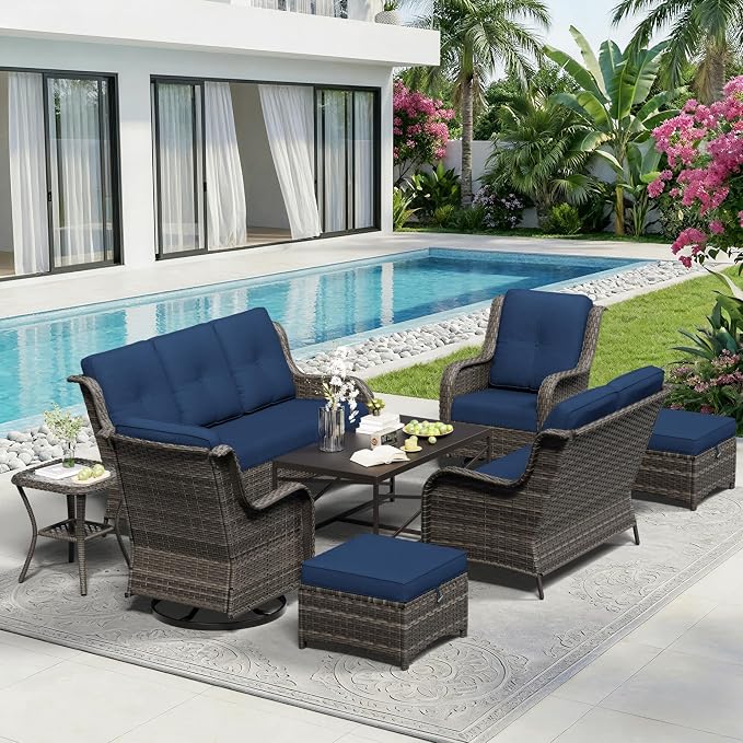 8 Piece Outdoor Wicker Patio Furniture Set, Outdoor Swivel Rocker Patio Chairs Set with Thickened Olefin Cushions, High Back and Deep Seating, Hand-Woven PE Rattan for Porch, Deck