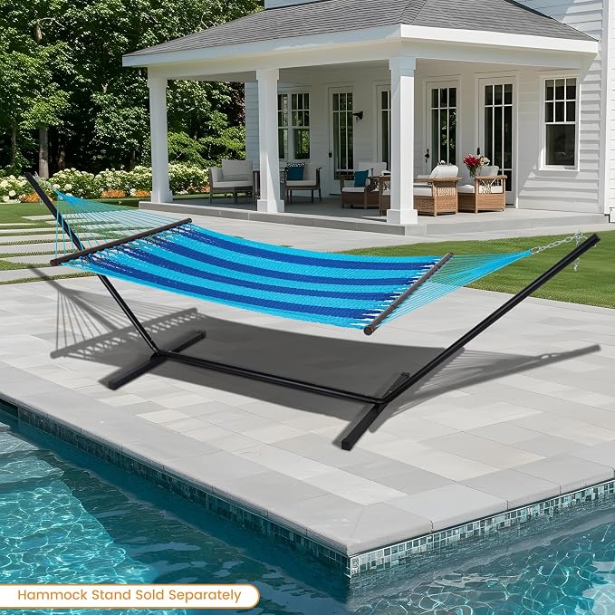 Lazy Daze Hammocks 10.5 FT Double 2 Person Caribbean Rope Hammock, Hand Woven Polyester Hammock with Spreader Bars, for Outside Outdoor Backyard Patio Poolside, 450 LBS Capacity, Blue/SkyBlue