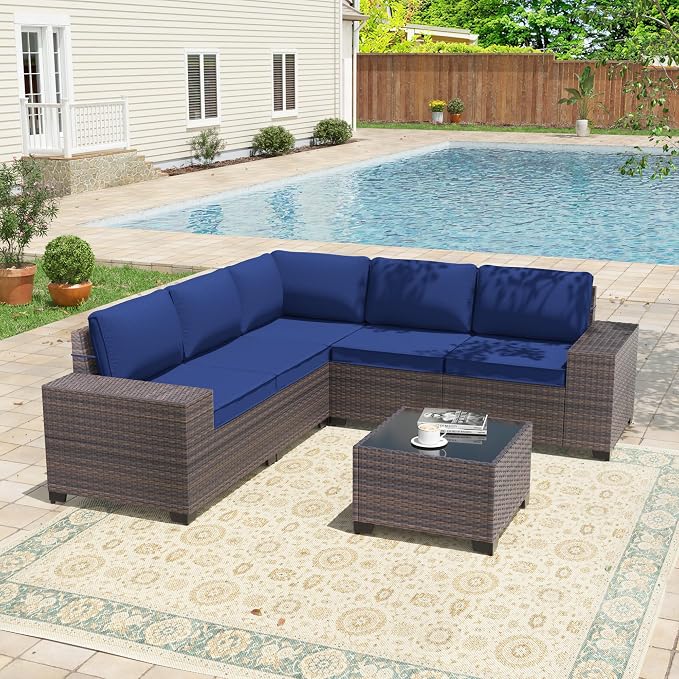 6 Pieces Patio Furniture Sets with Glass Tea Table,PE Rattan Wicker Patio Conversation Set with Washable Cushions,Outdoor Patio Sectional Furniture Set for Backyard, Poolside, Garden,Navy