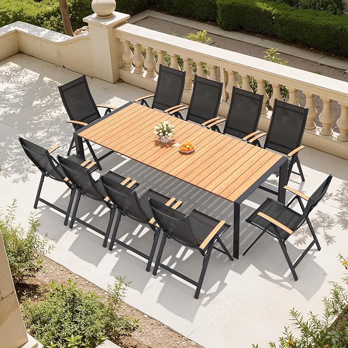 11-Piece Patio Dining Set,95in Aluminum Outdoor Table with 10 Chairs | Adjustable Reclining Back& Wood Grain Tabletop with Umbrella Hole for Garden Backyard Porch, Brown