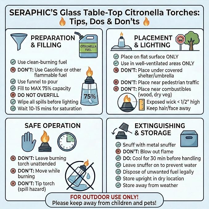 Seraphic Citronella Table Top Torches for Outdoor Patio, 16oz Decorative Glass Torch Citronella Candles for Outside Deck, Garden, Parties, Set of 3, Tropical Blue