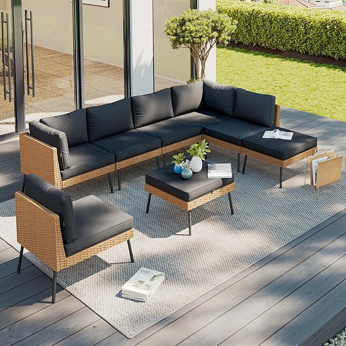 Aoxun 8 Piece Patio Furniture Set, 8 Seats Outdoor Sectional Sofas with Thick Cushion, Wicker Outdoor Patio Furniture Set with Ottomans for Party, Garden, Backyard, Black
