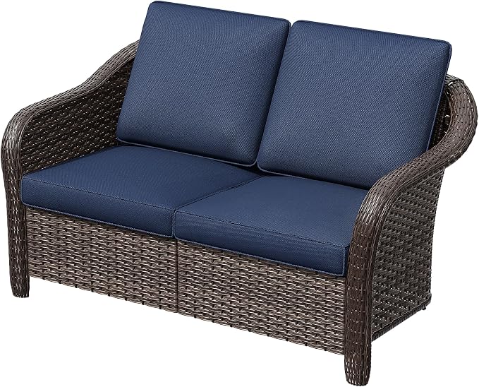 55" Outdoor Loveseat Wicker 2-seat Sofa with Removable Cushions, Conversation Patio Furniture, PE Rattan Couch, Steel Frame Couch with Cushions for Backyard, Deck (Navy Blue)