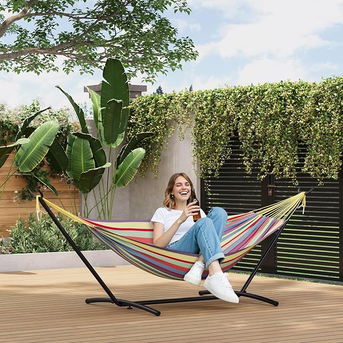 Double Hammock with Space-Saving Steel Stand - 2 Person Portable Heavy Duty Hammock with Carrying Bag for Outdoors & Indoors, Easy Assembly, 350 lbs Capacity, Yellow Rainbow Stripes