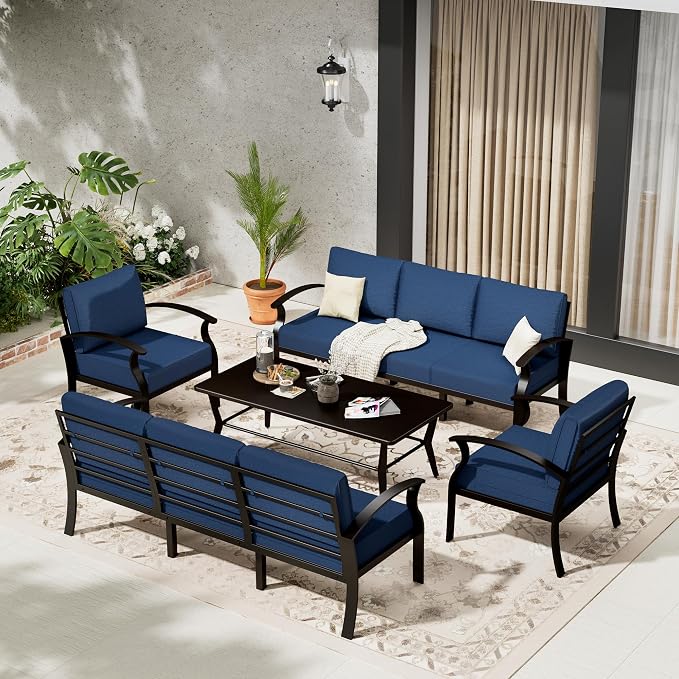 Aluminum Patio Furniture Set with Coffee Table,8 Seats Metal Modern Outdoor Furniture w/5.1" Thick Cushions,Patio Sectional for Patio,Backyard,Navy