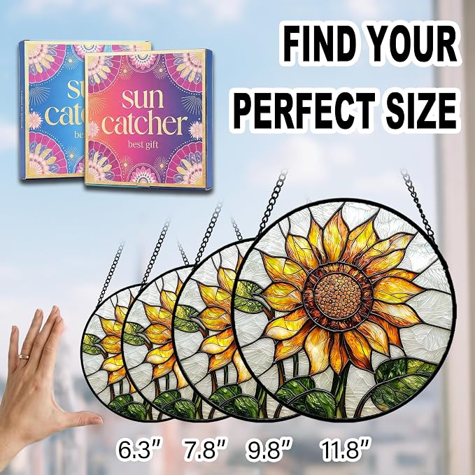 Sunflower Gifts for Women - Yellow Flower Faux Stained Glass Window Hanging Sun Catcher for Door Garden Acrylic Decor Mother's Day Christmas Birthday Gift for Mom Nana Grandma Sisters Colleague 7.8"