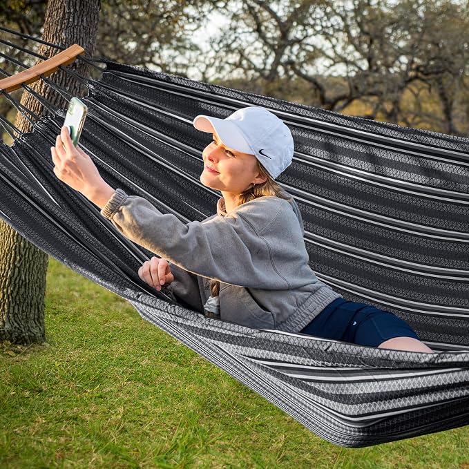 SUNCREAT Hammocks Double Hammock with Curved Spreader Bar, Outdoor Camping Portable Hammock with Carrying Bag & Tree Straps for Patio, Backyard, Balcony, Max 450lbs Capacity, Dark Gray