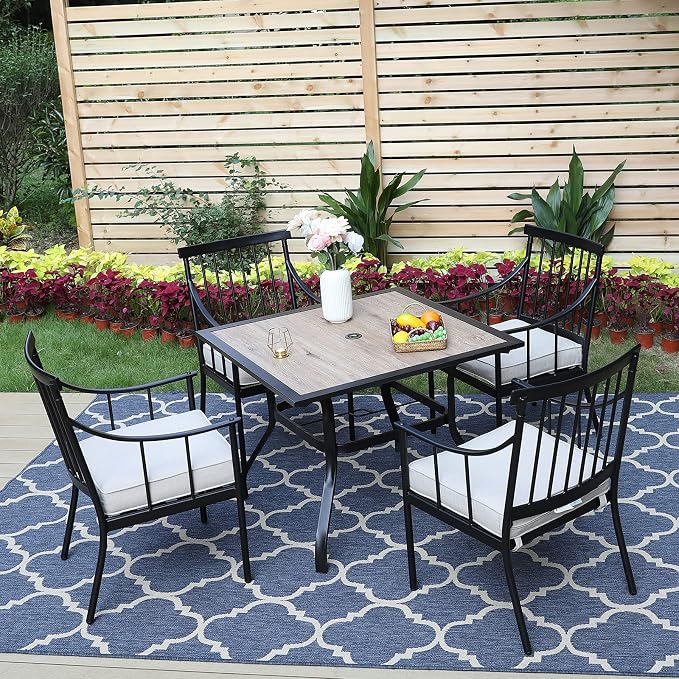 MFSTUDIO 5-Piece Patio Dining Set, 6 Metal Cushioned Chairs, Umbrella Hole | 37" Square Wood-Look Metal Table, Black