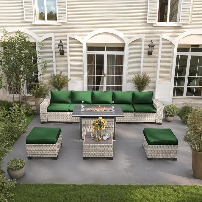 9-Piece Outdoor Patio Furniture Set with 55,000 BTU Fire Pit Table, PE Wicker Rattan Sectional Sofa Patio Conversation Set with Ottomans & Coffee Table, Green