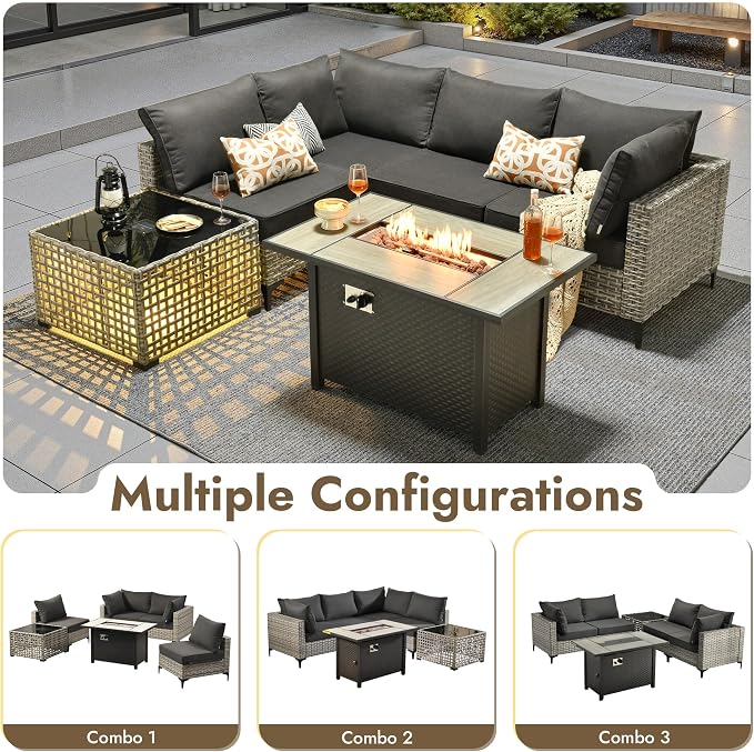 6 Pieces Patio Furniture Set with 42" Fire Pit, All-Weather Rattan Outdoor Sectional Conversation Sets L Shaped Sofas with Solar Light Coffee Table for Porch Balcony Backyard Black