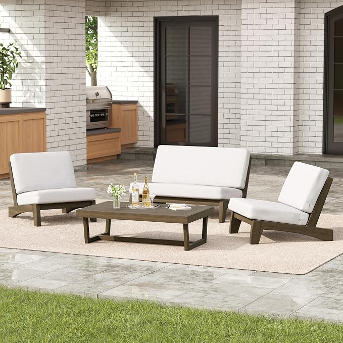 4 Pieces Patio Furniture Sets, All-Weather Outdoor Wood Bistro Set Patio Conversation Coffee Table Chiars and Patio Loveseat for Balcony, Backyard
