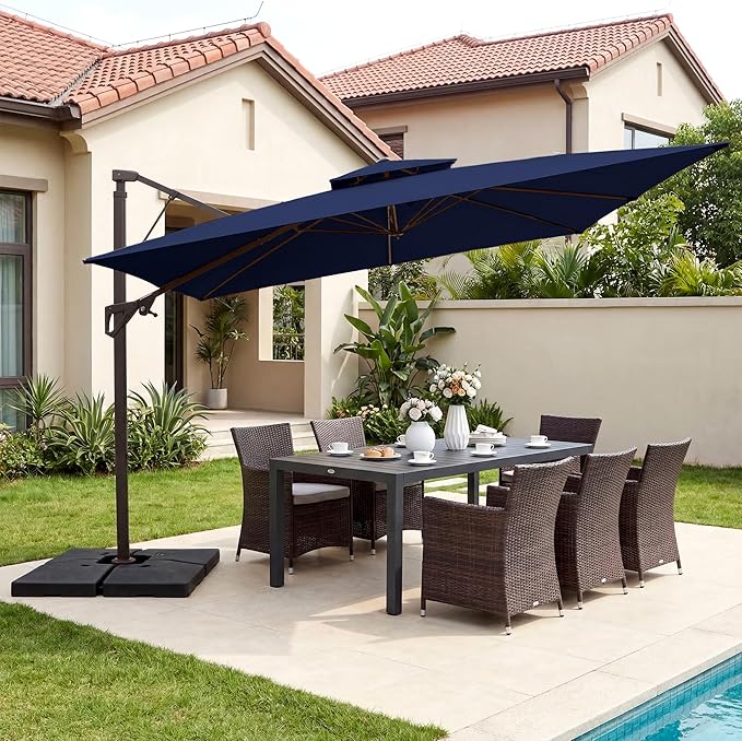 JEAREY 12ft 2-Tier Cantilever Patio Umbrella, Large Square Outdoor Offset Umbrella with Double Top Vent and 360-degree Rotation for Garden, Deck, Pool, Patio, Navy