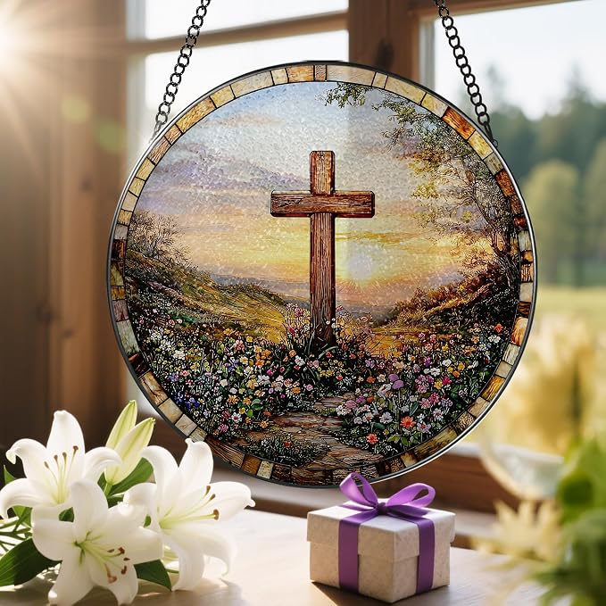 8 Inches Cross Sunset Stained Glass Suncatcher, Christmas Ornament, Window Hanging Decor, Christian Home Decor, Christian Gift, Religious Gift, Gifts for Christmas