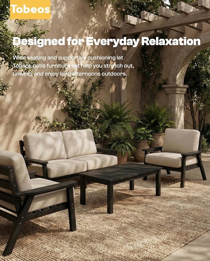 HDPE Patio Furniture Set 5 Seats with Cantilever Umbrella, Outdoor Couch with Washable Thick Beige Cushions & Tables, Outdoor Sectional Furniture for Deck, Lawn, Porch (Black Frame)