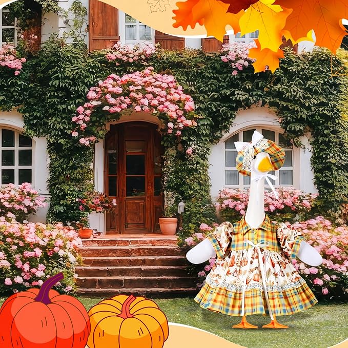FuWeave Fall Porch Goose Outfit Maple Goose Costume Fancy Porch Geese Clothes with Wide Hat for 23" 17" Outdoor Patio