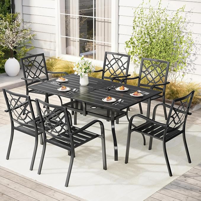 Oakcloud 7-Piece Patio Dining Set, Outdoor Metal Furniture Dining Table Set 6 Stackable Patio Dining Chairs and Rectangle Dining Table with Umbrella Hole, Black
