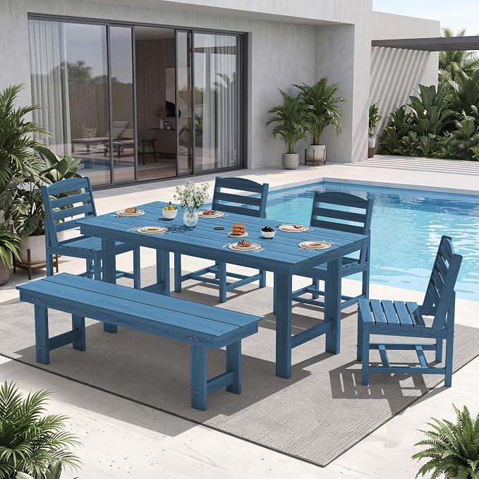 KINGYES 7-Piece Patio Dining Set, HDPE Table and Armless Chairs Outdoor Furniture Set with Umbrella Hole, Blue