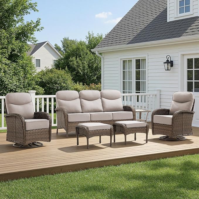 HUMMUH 5-Piece Patio Furniture Set with Upgraded 6" Thick Cushion - High Back Outdoor Swivel Rocker Chairs with 3-Seater Sofa,Ottomans,Wicker Outdoor Conversation Set for Deck,Porch,Yard,Poolside