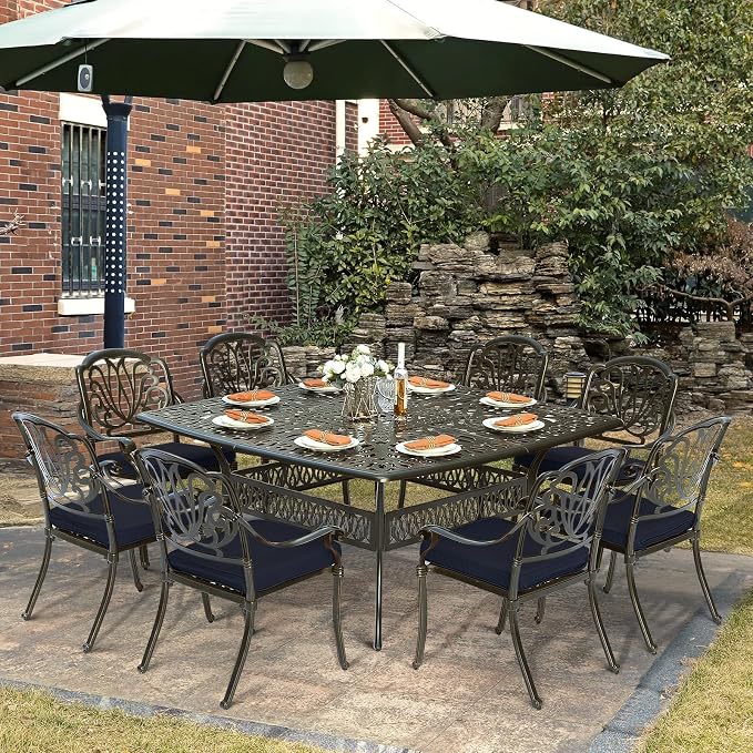 9-Piece Patio Cast Aluminum Dining Set, All-Weather Outdoor Dining Set for 8, Includes 64" Square Table and 8 Cushioned Chairs with Umbrella Hole for Patio Deck Garden, Navy Blue