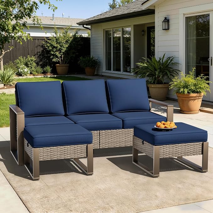 Wicker Patio 75" Sofa Set with Two Ottomans, All Weather Rattan Outdoor Conversation Furniture Set with Wood-Looking Metal Armrest for Deck Backyard Porch, Dark Blue
