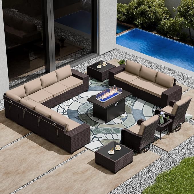 16 PCS Outdoor Patio Furniture Set,Outdoor Sectional Furniture with 45" 55000 BTU Gas Propane Fire Pit Table,All Weather PE Rattan Wicker Patio Conversation Set,Swivel Rocking Chairs Set,Sand