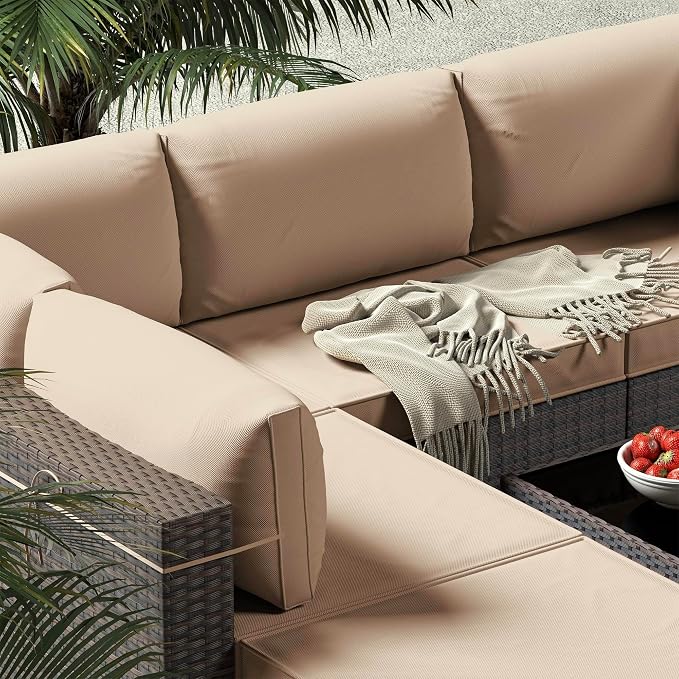 Gotland 7 Pieces Patio Furniture Set with 4’’ Thick Cushions, All-Weather PE Rattan Patio Set with 29.5'' High Backrest, Outdoor Furniture with Coffee Table for Porch Deck Garden Khaki