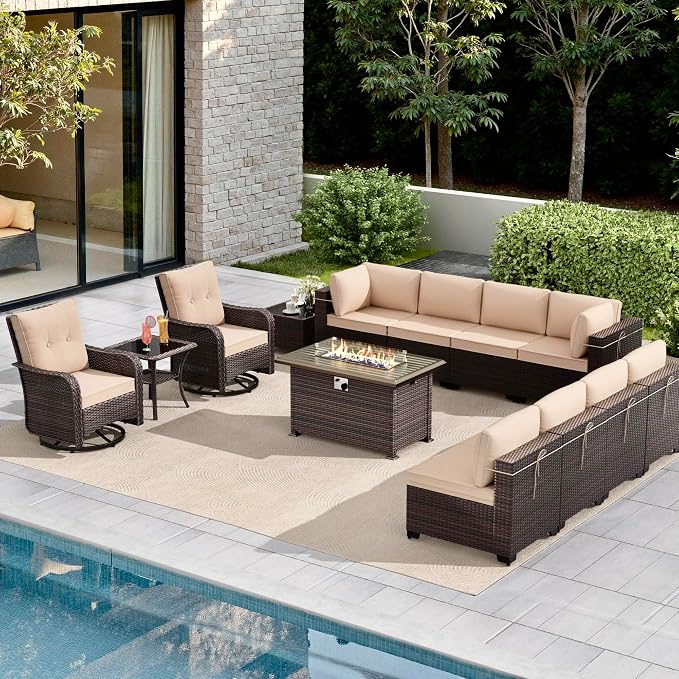 Gotland 13 Pieces Patio Furniture Set with Fire Pit Table Swivel Chairs, PE Rattan Outdoor Furniture Set with 29.5'' High Backrest 4’’ Thick Cushions Coffee Table, Patio Set for Porch, Deck, Khaki
