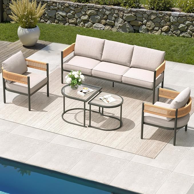 Grand patio 5-Piece Outdoor Furniture Set, 5 Seats Wicker Sofa Conversation Set with 3-Seat Couch, Thick Cushions and Coffee Table, for Backyard, Balcony, Garden (Natural)