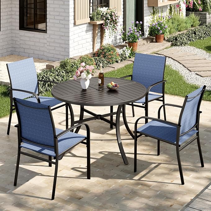 MIXPATIO Patio Table and Chairs Set for 4, 5 Pieces Outdoor Dining Set, 4 Blue Textilene Chairs and 42" Metal Round Table with Umbrella Hole, for Deck Garden Backyard Lawn Poolside