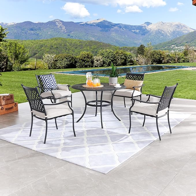 LOKATSE HOME 5-Piece Outdoor Patio Metal Dining Set with Iron Armrest Cushioned Chairs and Steel Round Table with Umbrella Hole, Beige