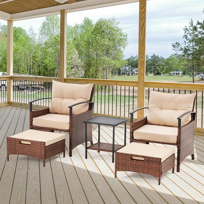 ECOTOUGE 5 Pieces Patio Furniture Set, Outdoor Wicker Chairs with Pull Out Ottoman & Metal Coffee Table, Rattan Conversation Set for Garden, Deck, Balcony, Poolside(Beige)